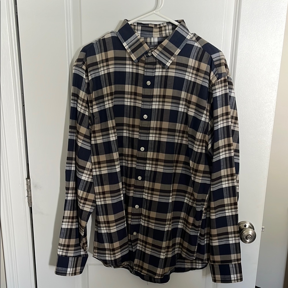 Van Heusen Navy and Beige Plaid Shirt